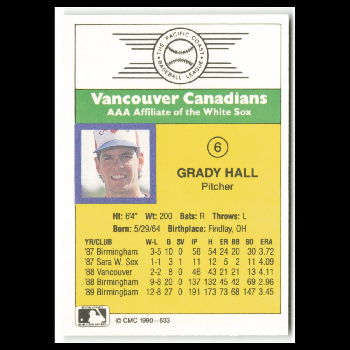 Grady Hall #6 1990 CMC Pacific Leauge Vancouver Canadians Baseball Card MLB NM