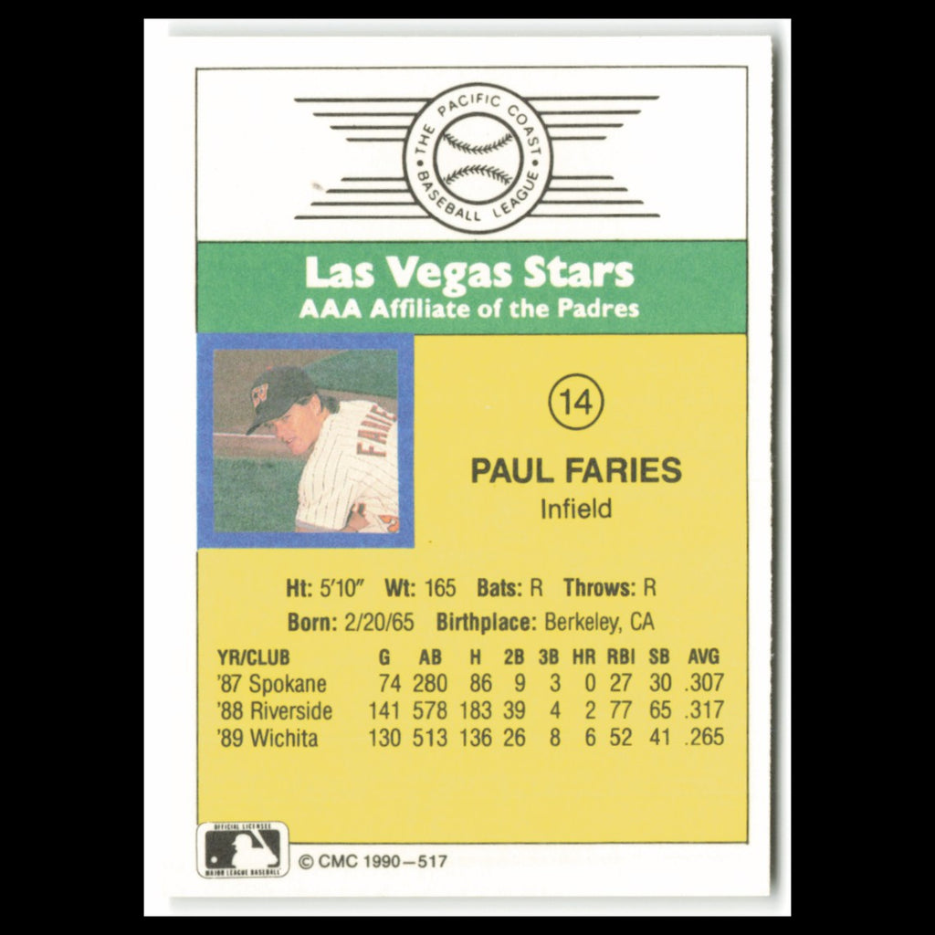 Paul Faries #14 1990 CMC Pacific Leauge Las Vegas Stars Baseball Card MLB NM