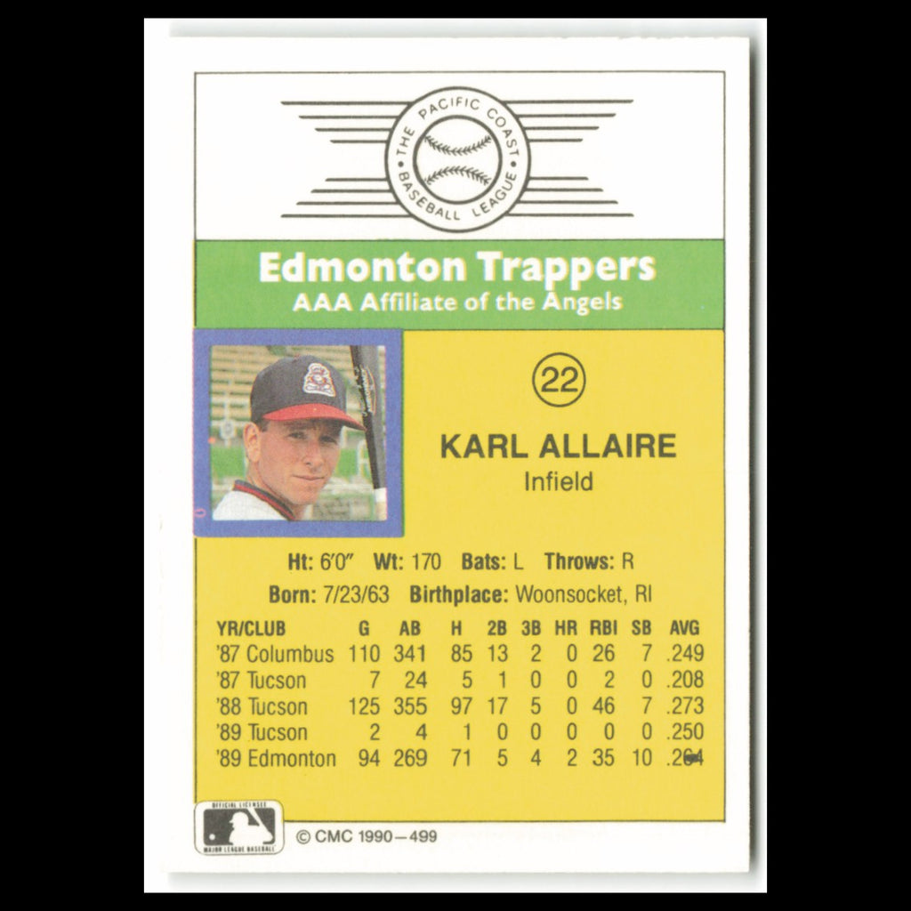 Karl Allaire #22 1990 CMC Pacific Leauge Edmonton Trappers Baseball Card MLB NM