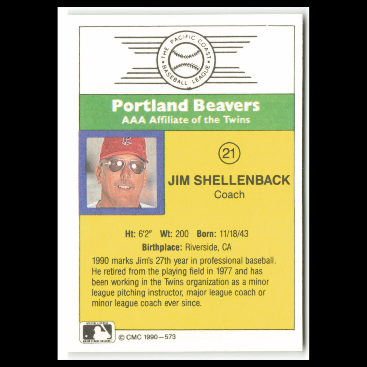 Jim Shellenback #21 1990 CMC Pacific Leauge Portland Beavers Baseball Card MLB