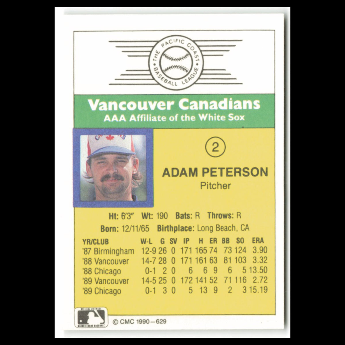 Adam Peterson #2 1990 CMC Pacific Leauge Vancouver Canadians Baseball Card MLB