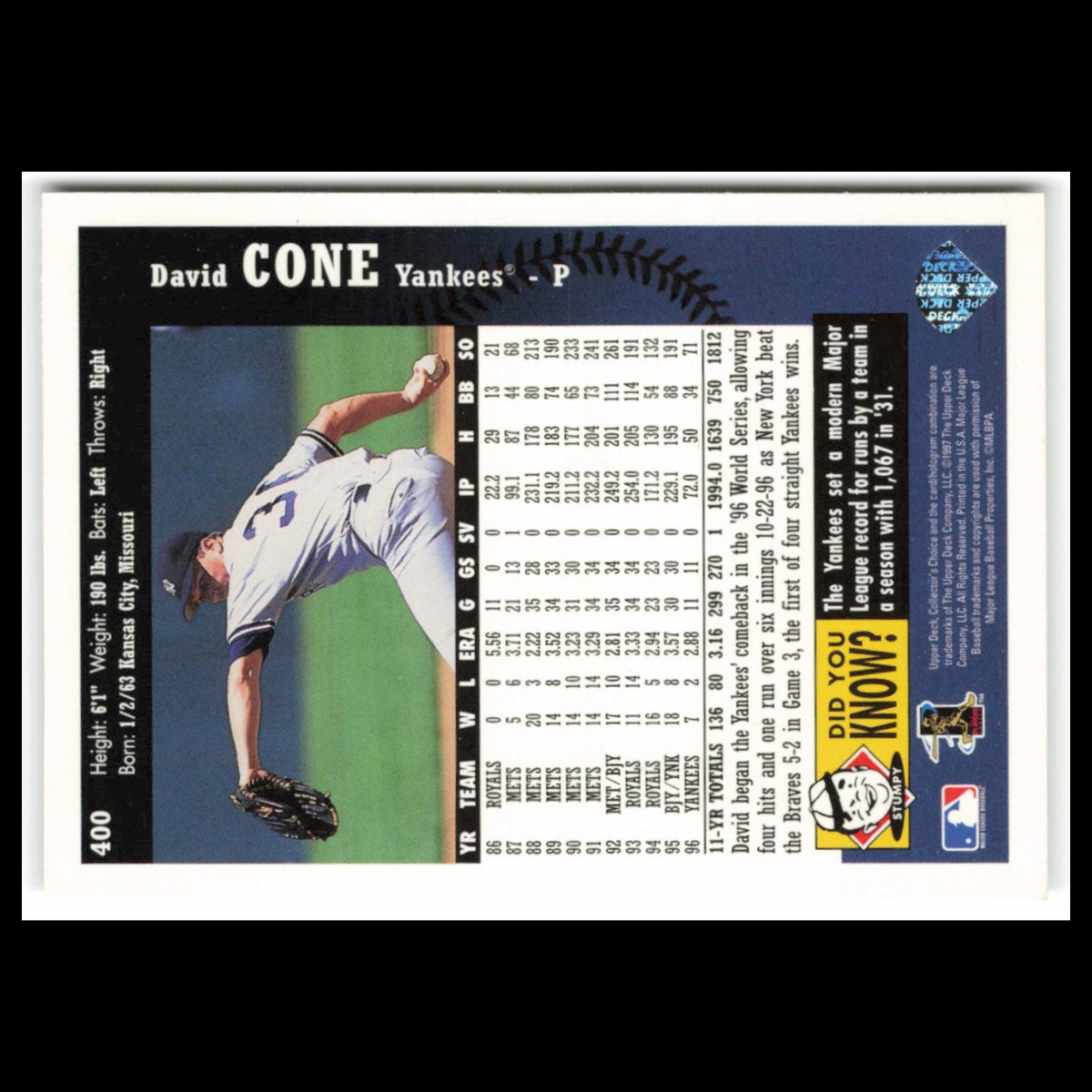 David Cone #400 1997 Collectors Choice New York Yankees Baseball Card MLB NM