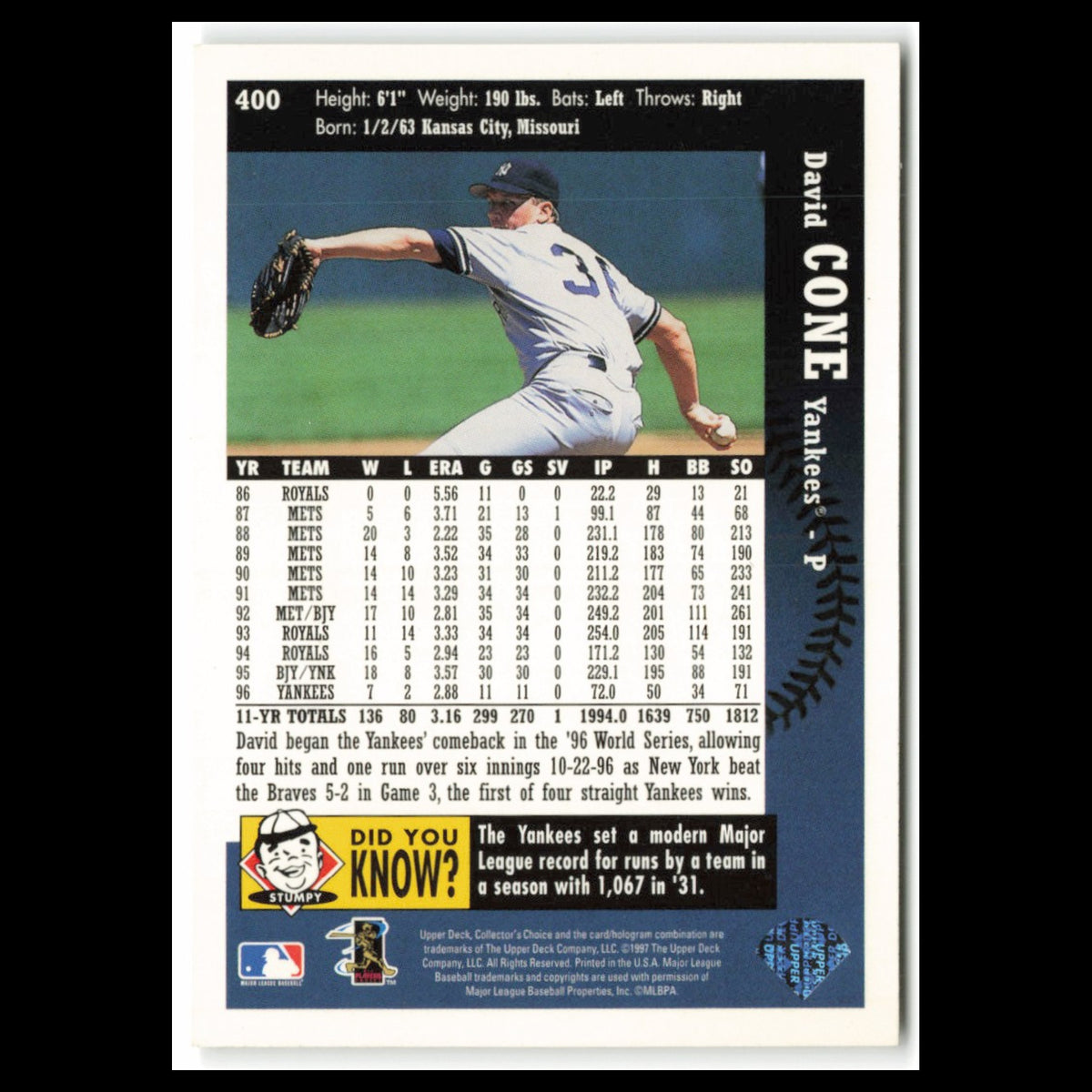 David Cone #400 1997 Collectors Choice New York Yankees Baseball Card MLB NM