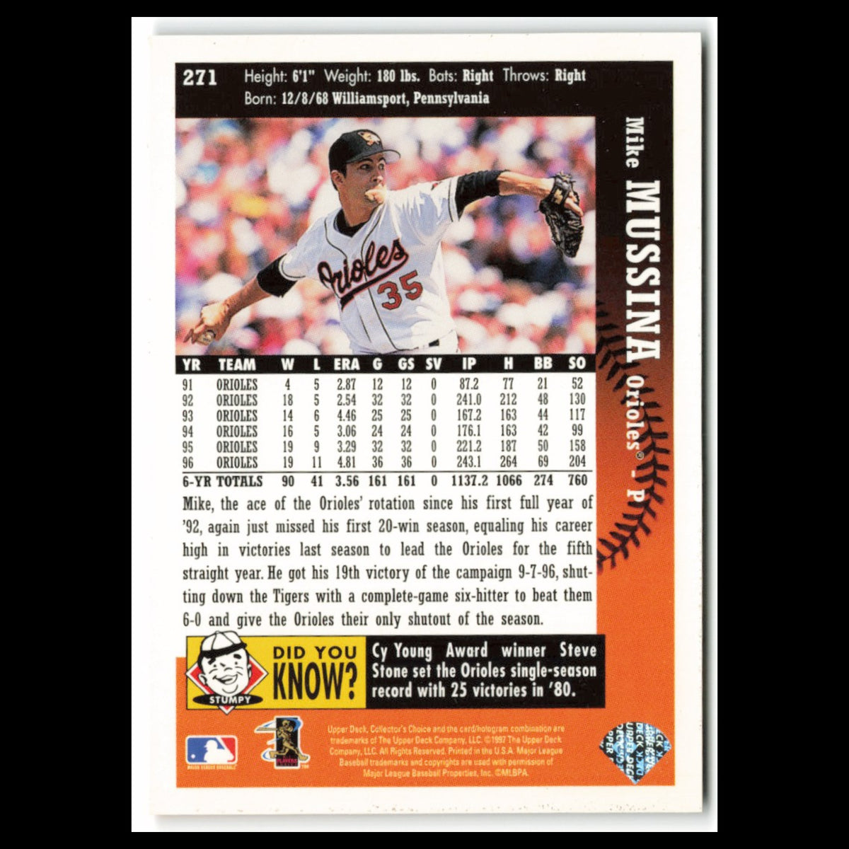 Mike Mussina #271 1997 Collectors Choice Baltimore Orioles Baseball Card MLB NM