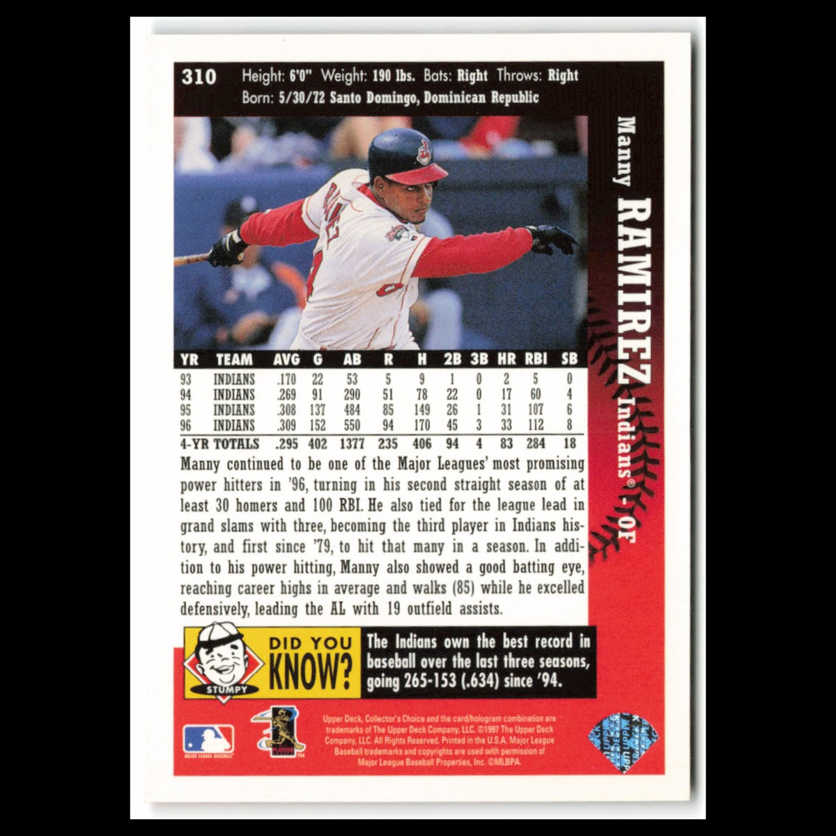 Manny Ramirez #310 1997 Collectors Choice Cleveland Indians Baseball Card MLB NM