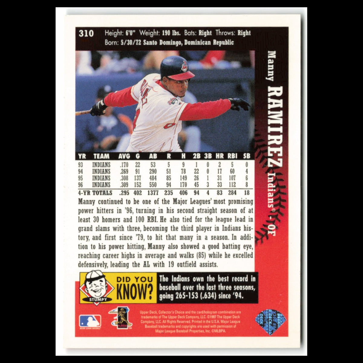 Manny Ramirez #310 1997 Collectors Choice Cleveland Indians Baseball Card MLB NM
