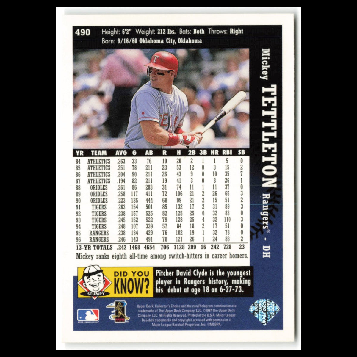 Mickey Tettleton #490 1997 Collectors Choice Texas Rangers Baseball Card MLB NM