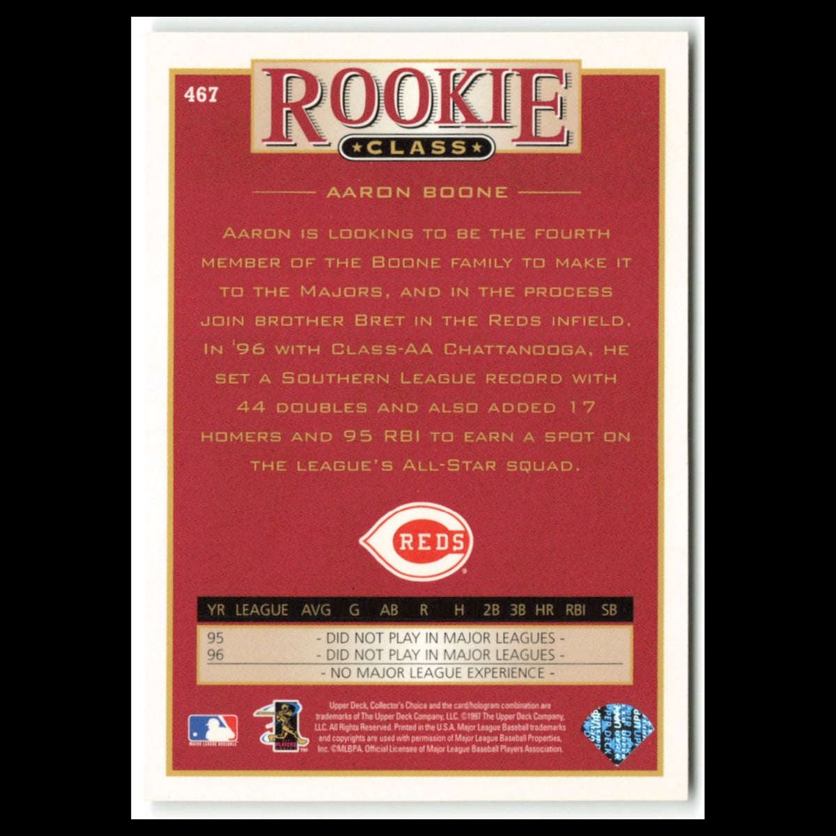 Aaron Boone Rookie #467 1997 Collectors Choice Cincinnati Reds Baseball Card MLB