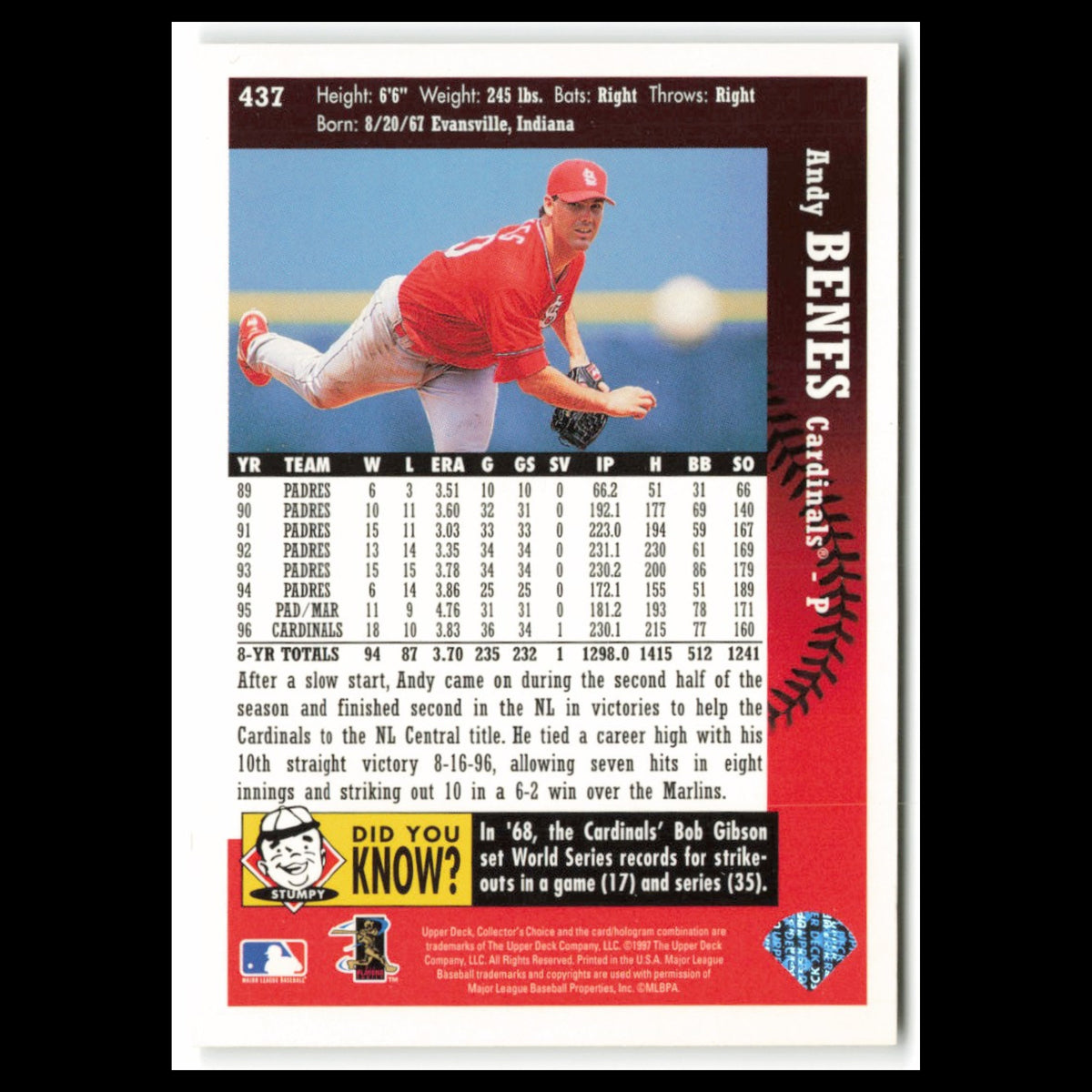 Andy Benes #437 1997 Collectors Choice St. Louis Cardinals Baseball Card MLB NM