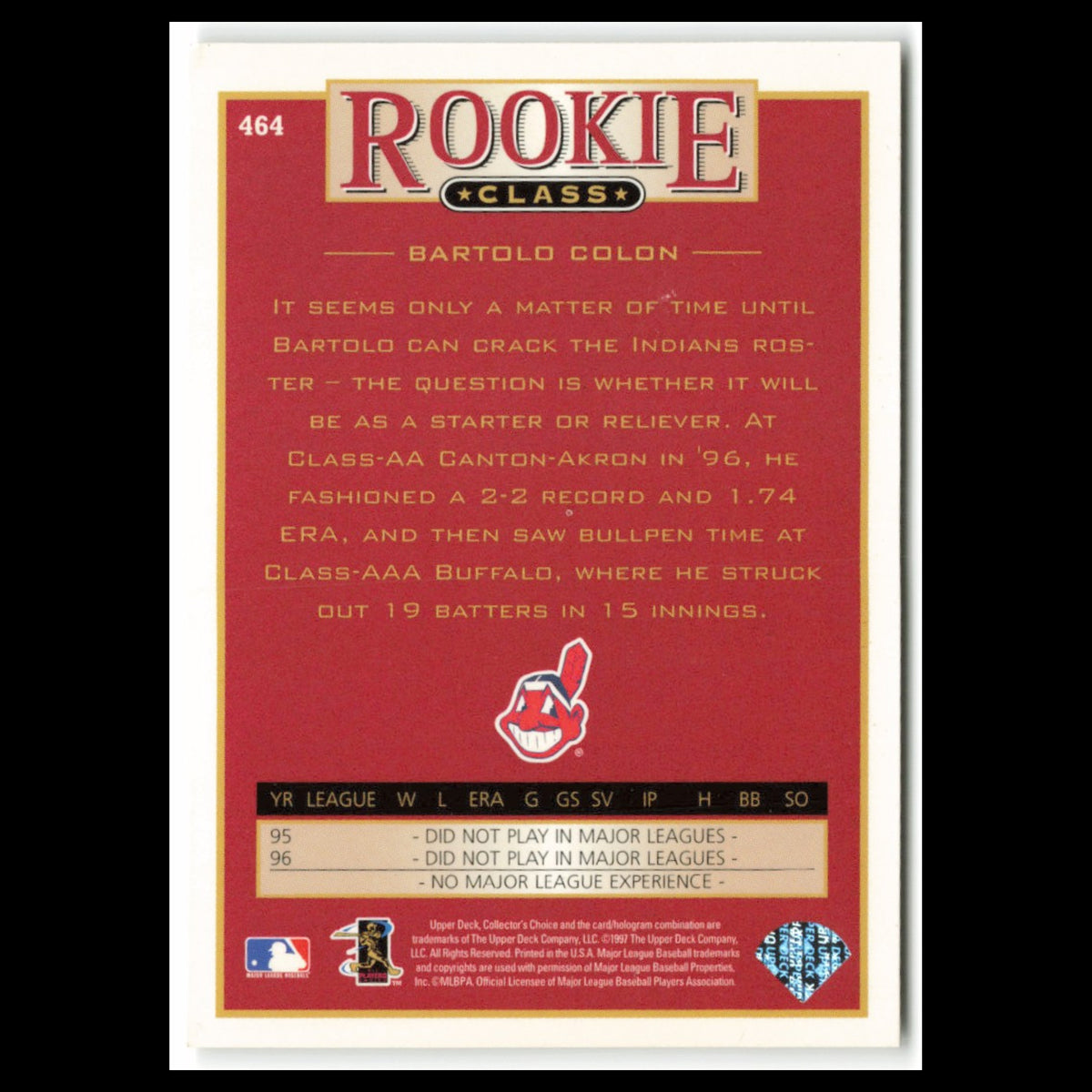 Bartolo Colon Rookie #464 1997 Collectors Choice Cleveland Indians Baseball Card