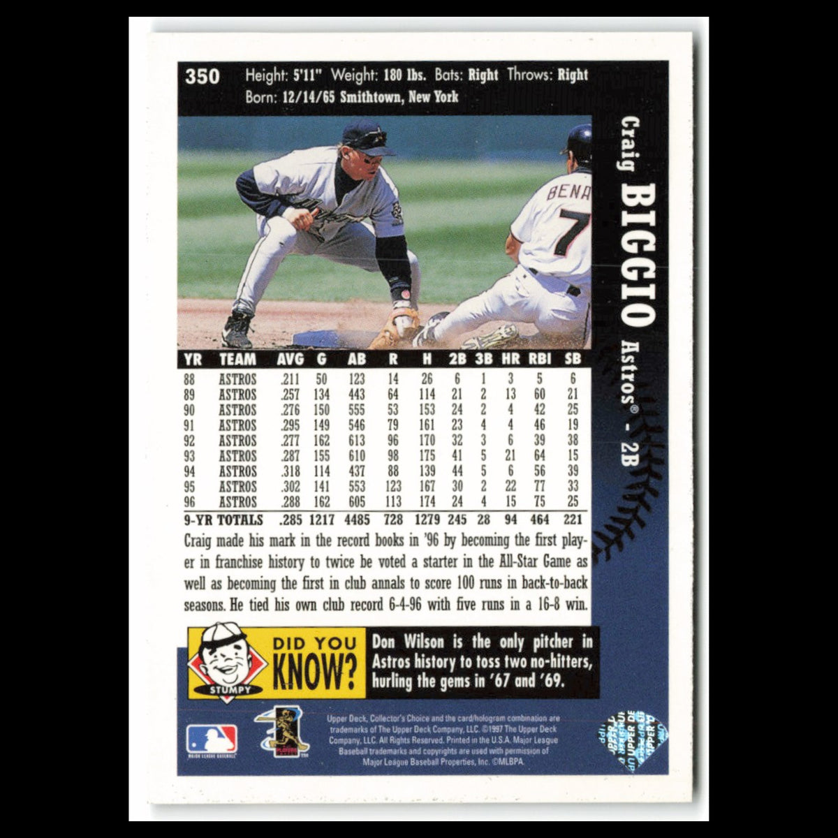 Craig Biggio #350 1997 Collectors Choice Houston Astros Baseball Card MLB NM