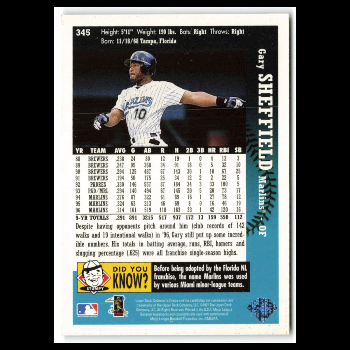 Gary Sheffield #345 1997 Collectors Choice Florida Marlins Baseball Card MLB NM
