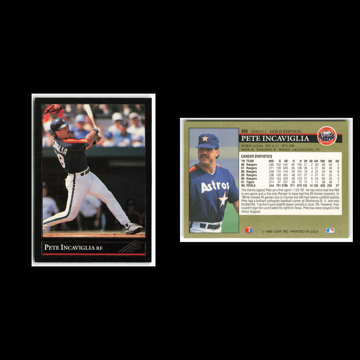 Pete Incaviglia #458 1992 Leaf Black Gold Houston Astros Baseball Card MLB NM