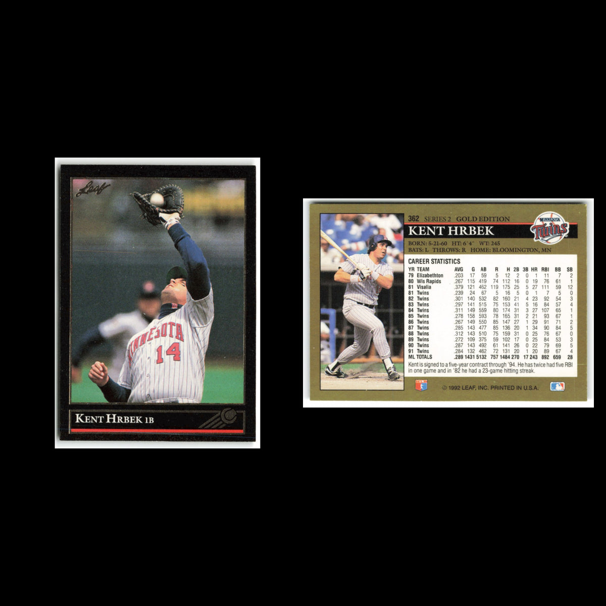 Kent Hrbek #362 1992 Leaf Black Gold Minnesota Twins Baseball Card MLB NM