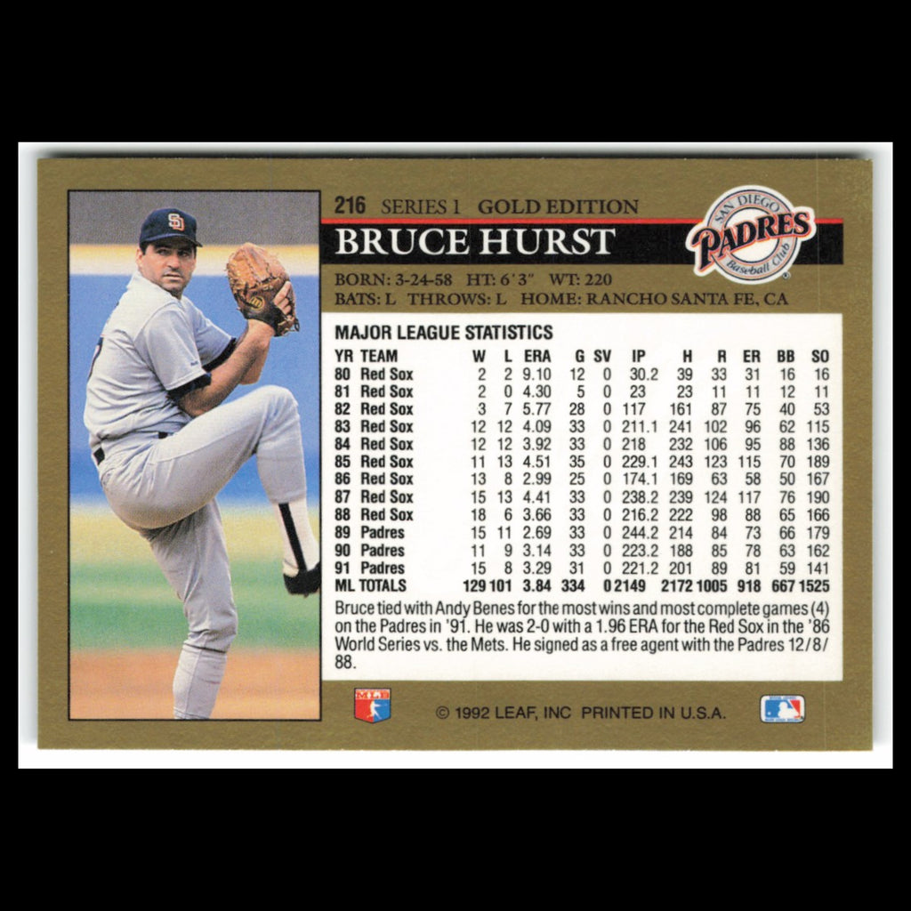 Bruce Hurst #216 1992 Leaf Black Gold San Diego Padres Baseball Card MLB NM
