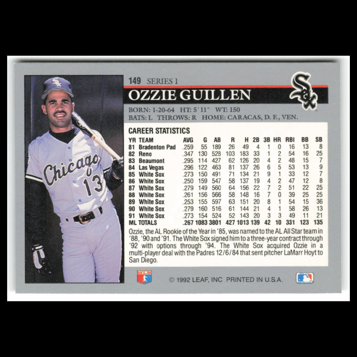 Ozzie Guillen #149 1992 Leaf Chicago White Sox Baseball Card MLB NM