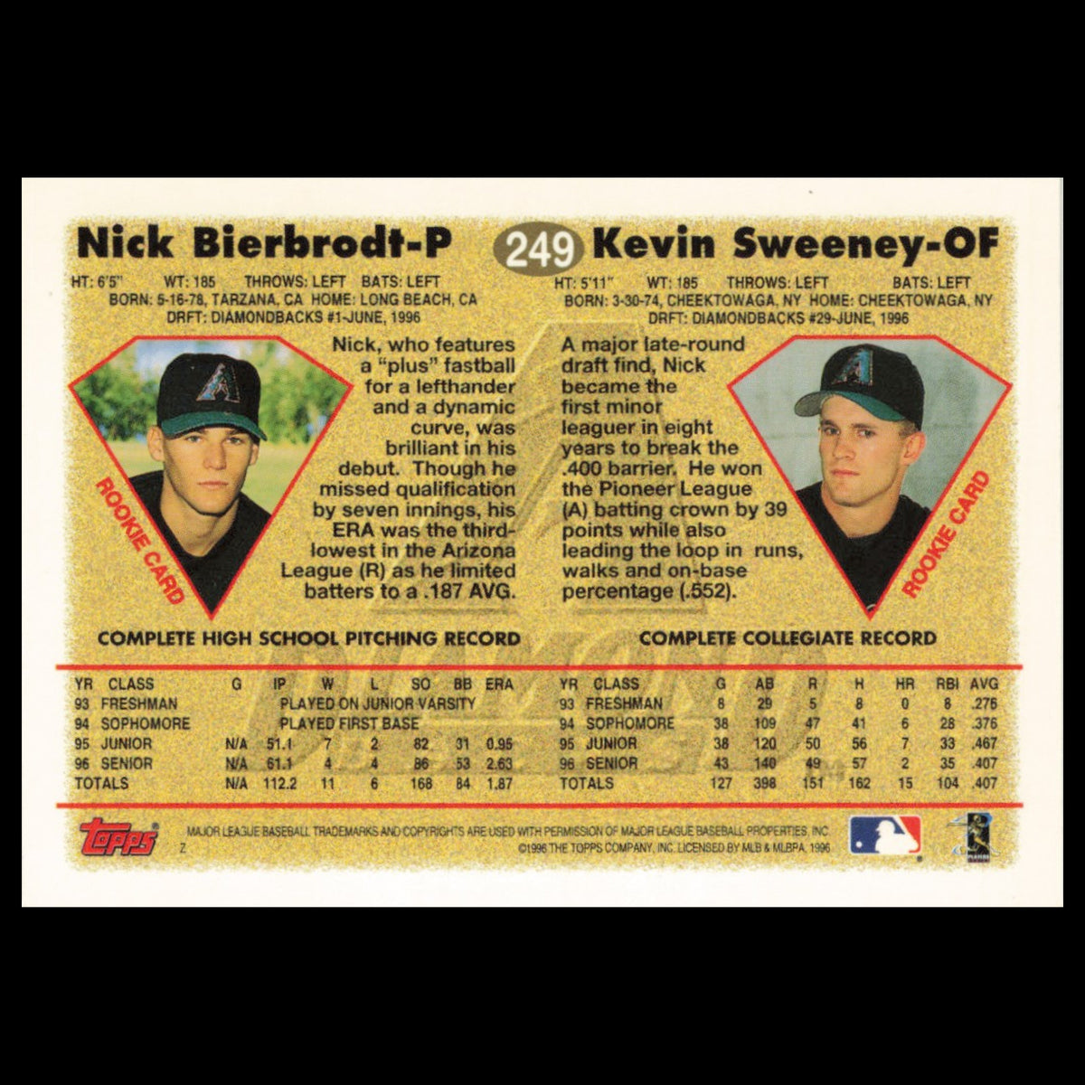 Nick Bierbrodt/Kevin Sweeney Rookie #249 1997 Topps Arizona Diamondbacks Card NM