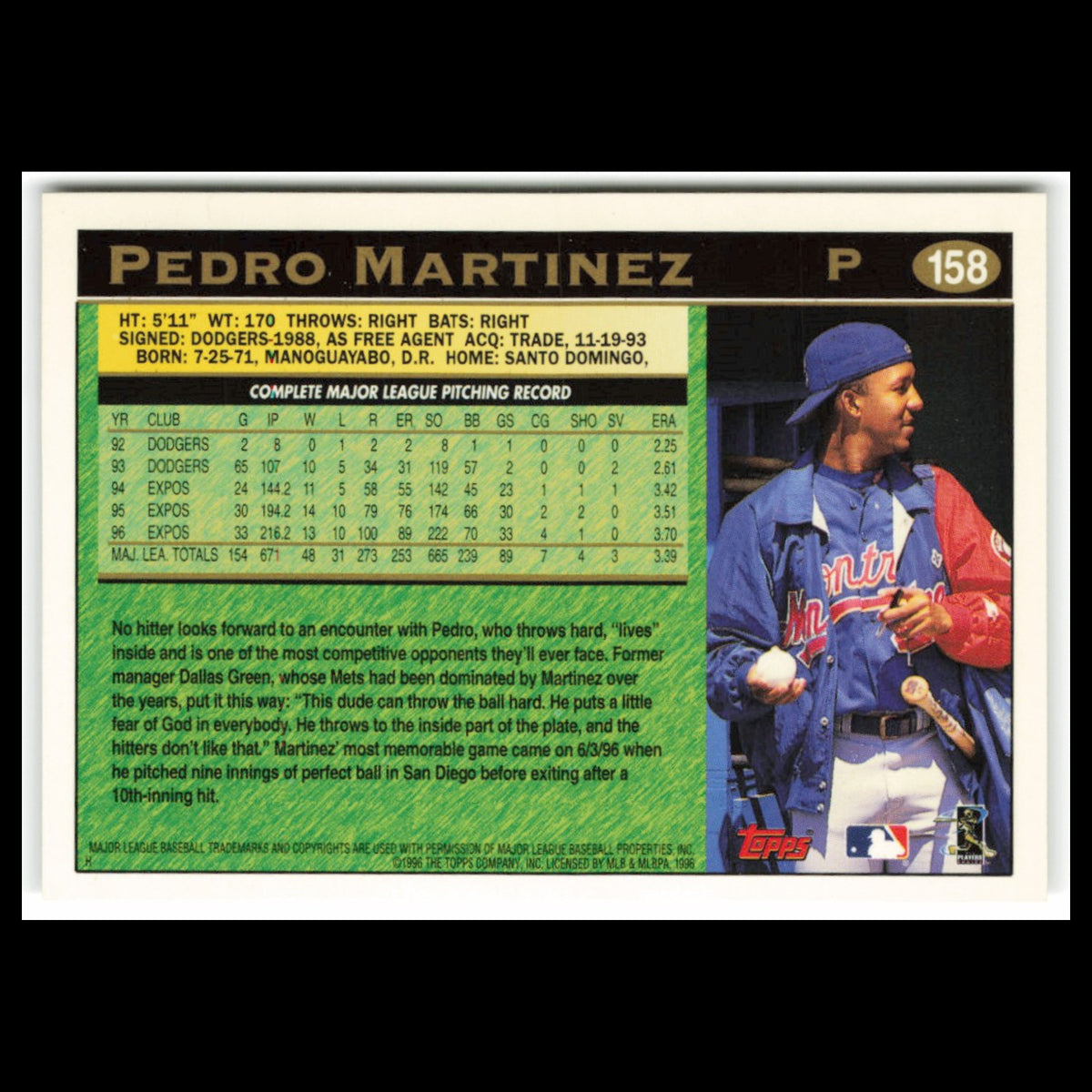 Pedro Martinez #158 1997 Topps Montreal Expos Baseball Card MLB NM