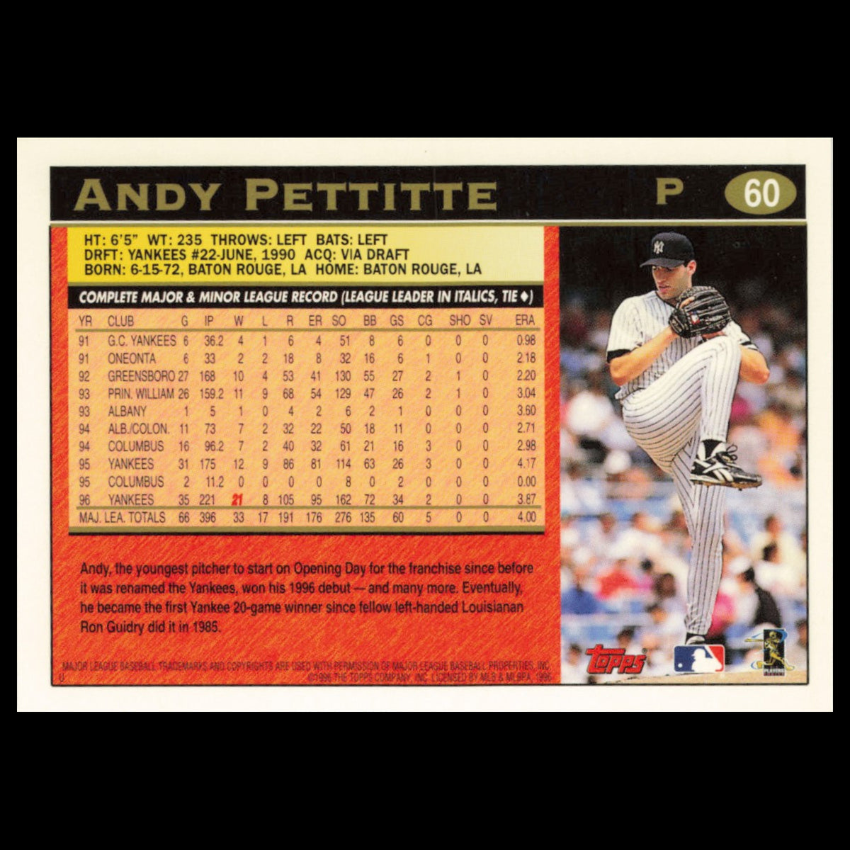 Andy Pettitte #60 1997 Topps New York Yankees Baseball Card MLB NM