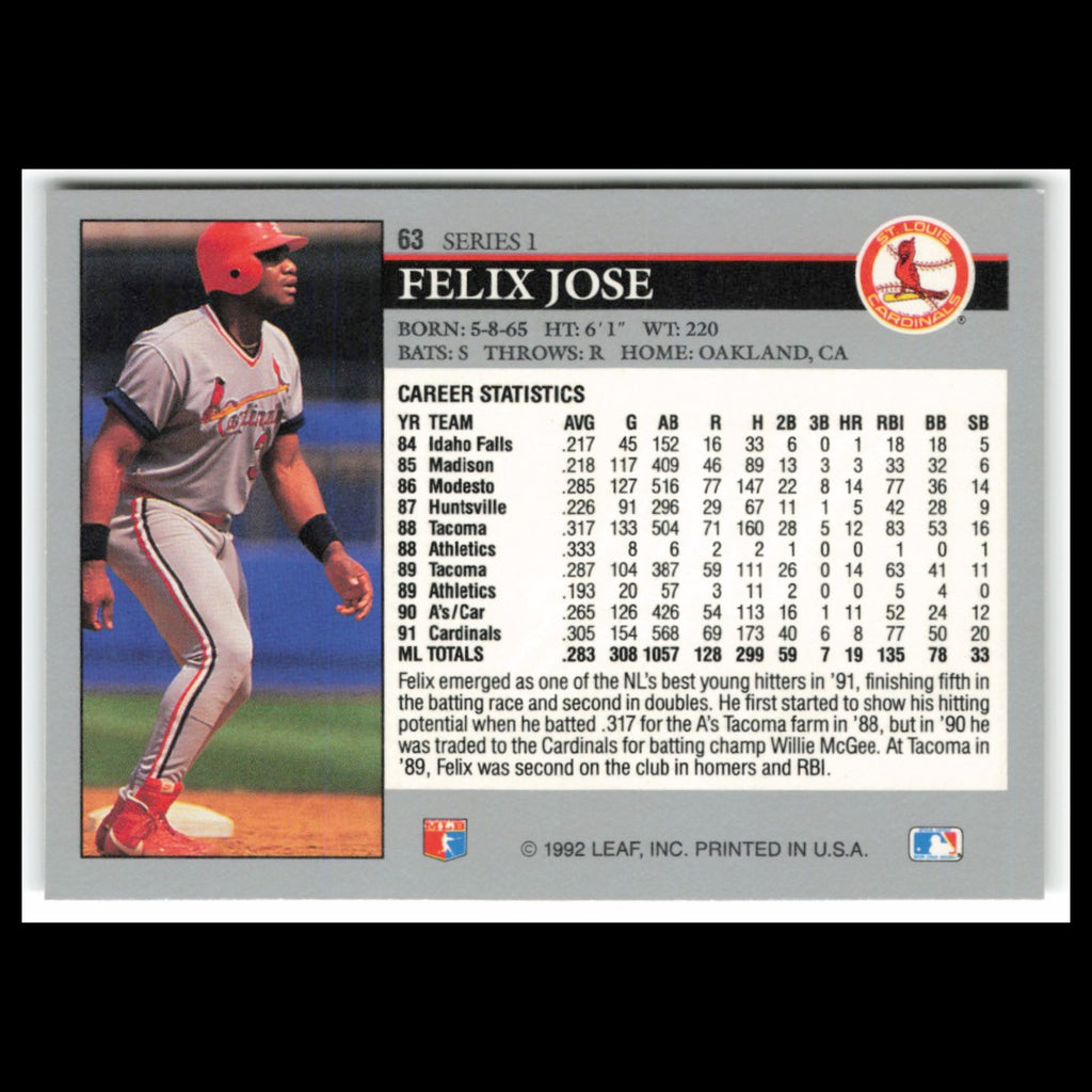 Felix Jose #63 1992 Leaf St. Louis Cardinals Baseball Card MLB NM