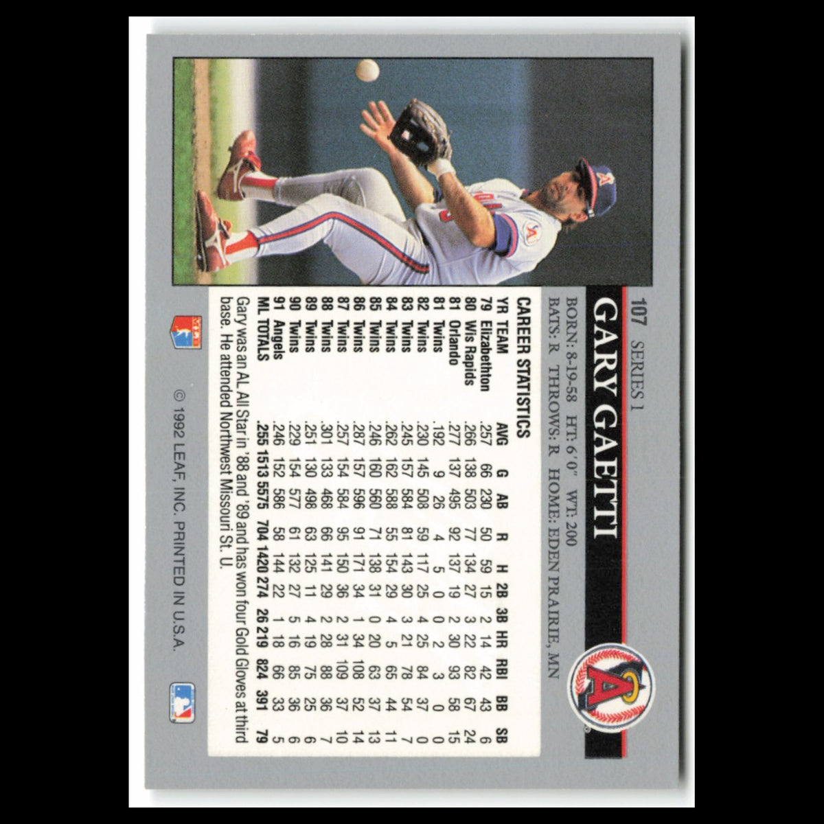 Gary Gaetti #107 1992 Leaf California Angels Baseball Card MLB NM