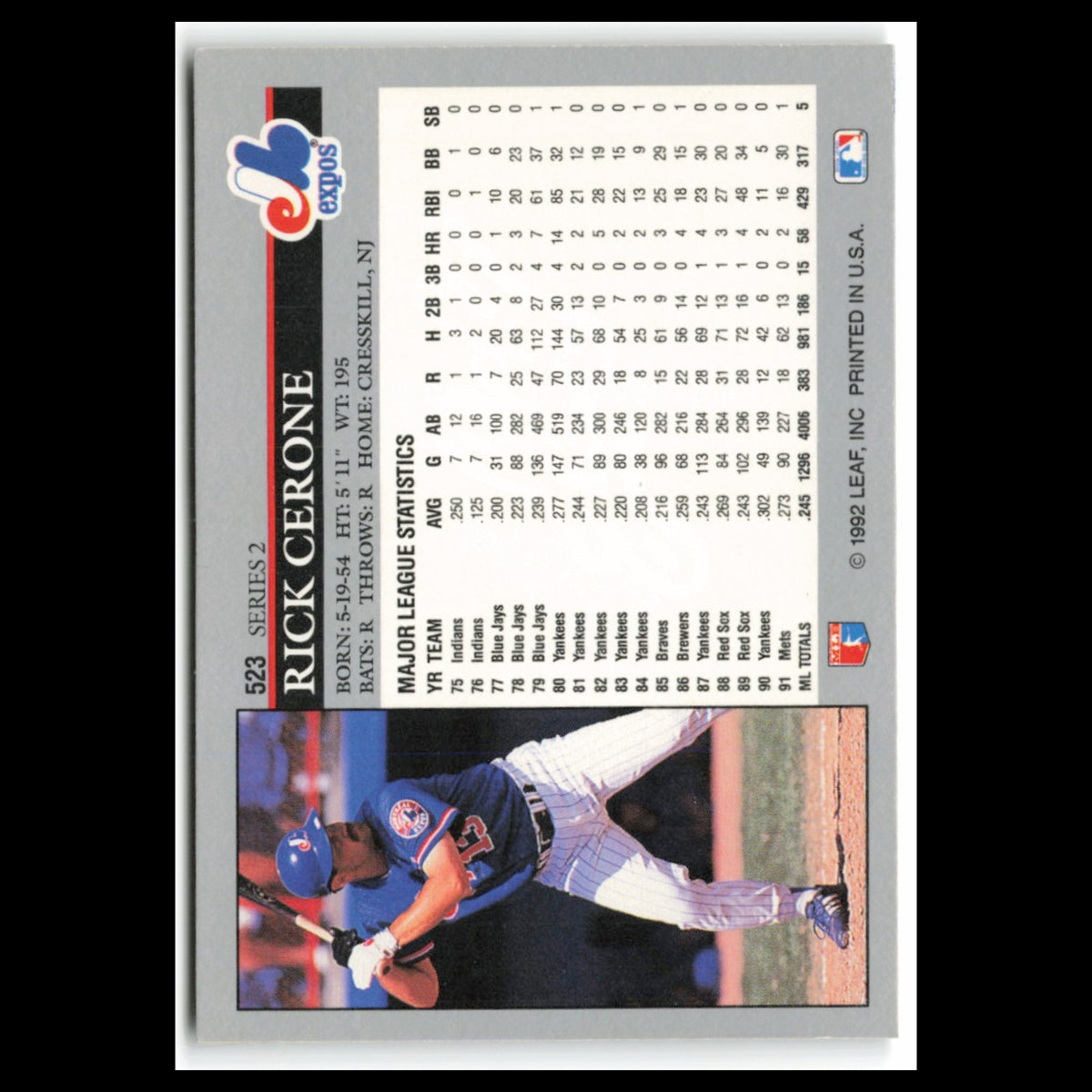 Rick Cerone #523 1992 Leaf Montreal Expos Baseball Card MLB NM
