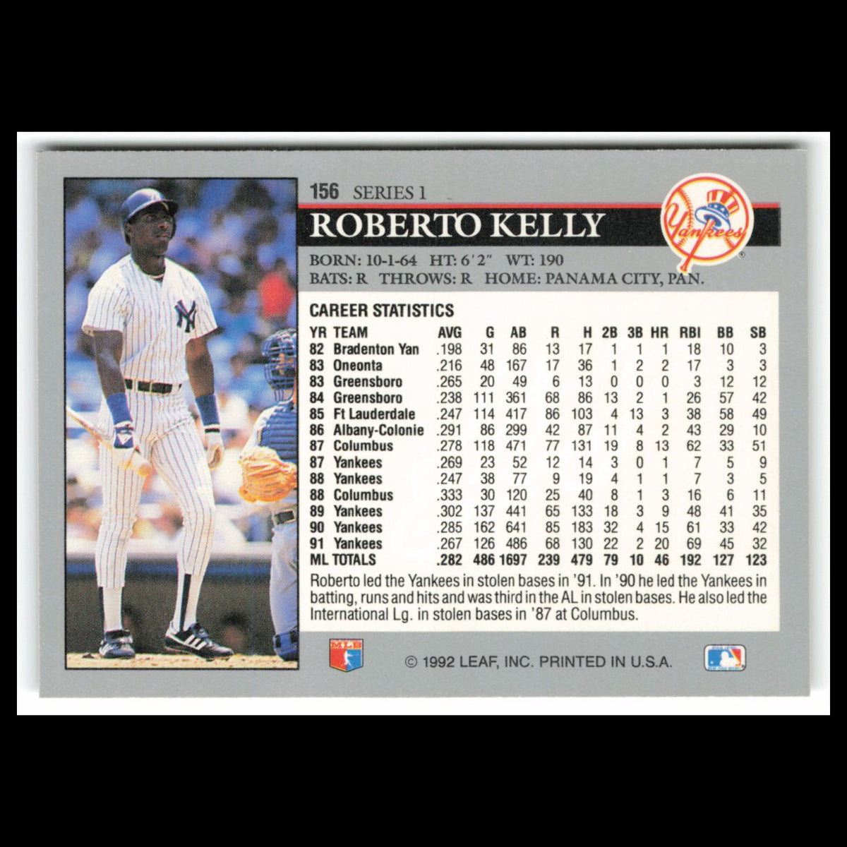 Roberto Kelly #156 1992 Leaf New York Yankees Baseball Card MLB NM