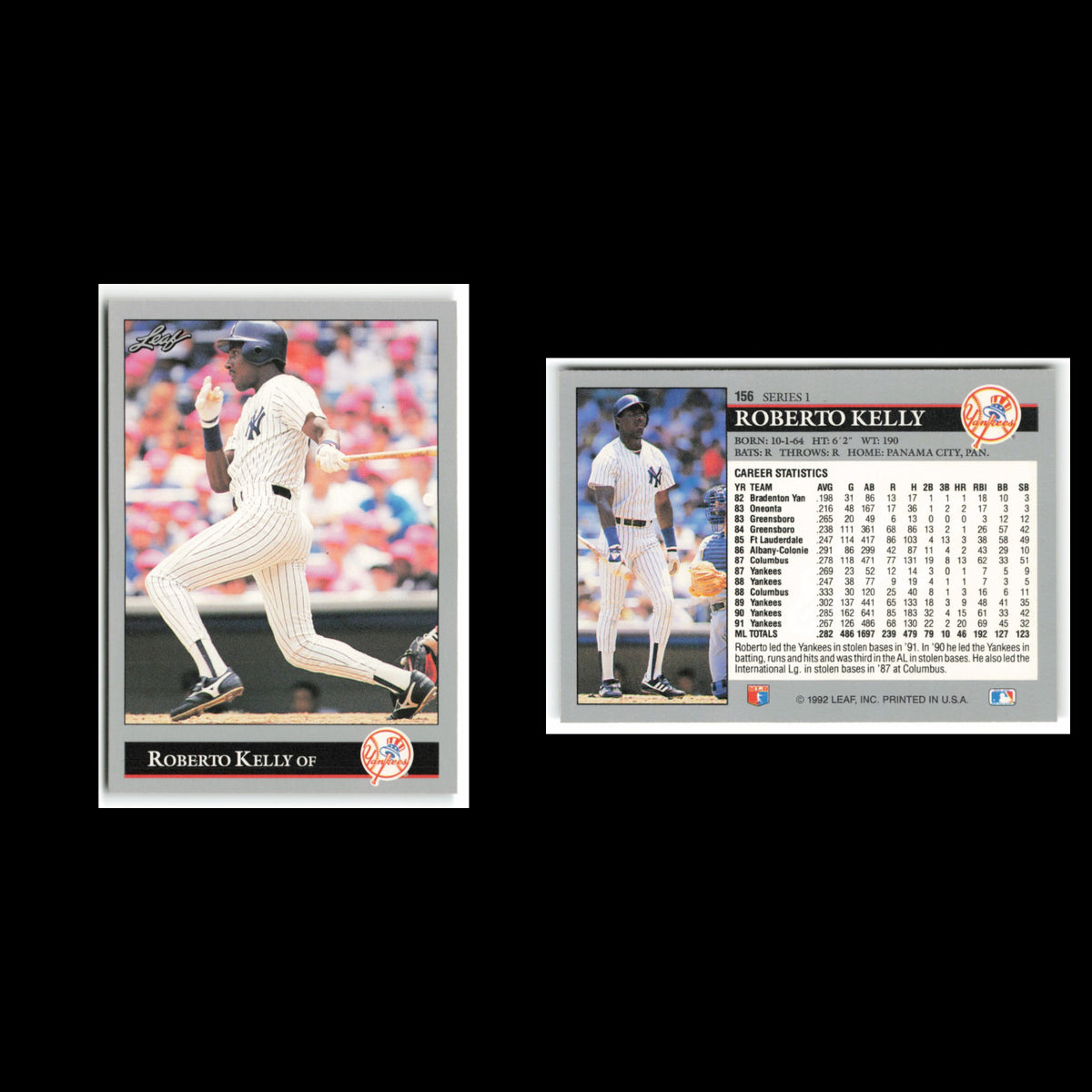 Roberto Kelly #156 1992 Leaf New York Yankees Baseball Card MLB NM