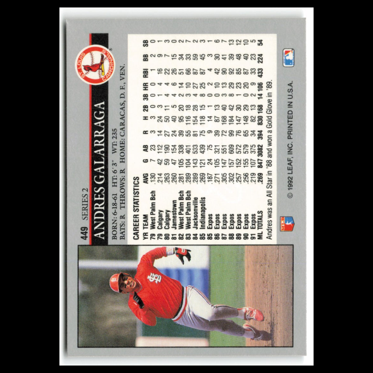 Andres Galarraga #449 1992 Leaf St. Louis Cardinals Baseball Card MLB NM