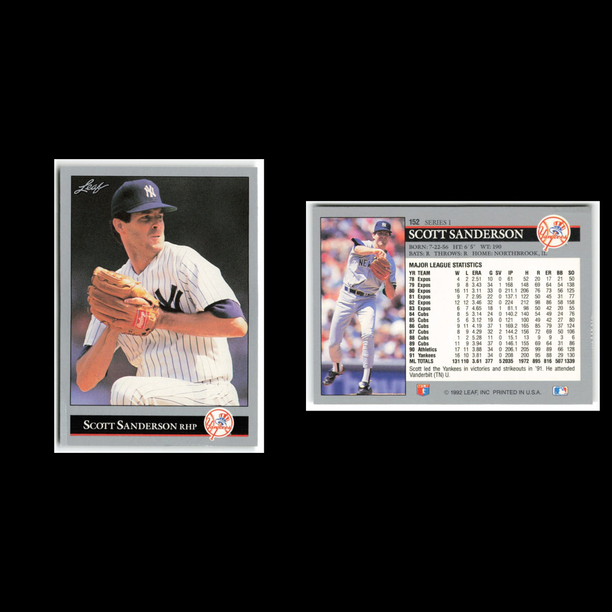 Scott Sanderson #152 1992 Leaf New York Yankees Baseball Card MLB NM