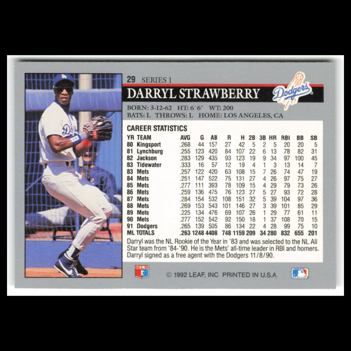 Darryl Strawberry #29 1992 Leaf Los Angeles Dodgers Baseball Card MLB NM