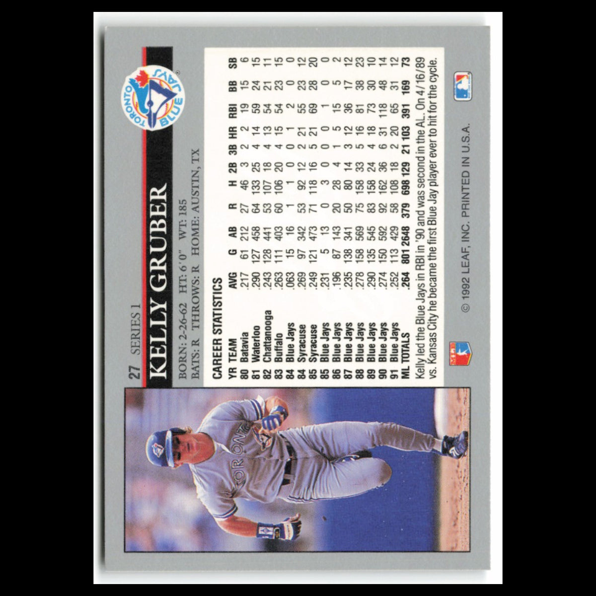 Kelly Gruber #27 1992 Leaf Toronto Blue Jays Baseball Card MLB NM