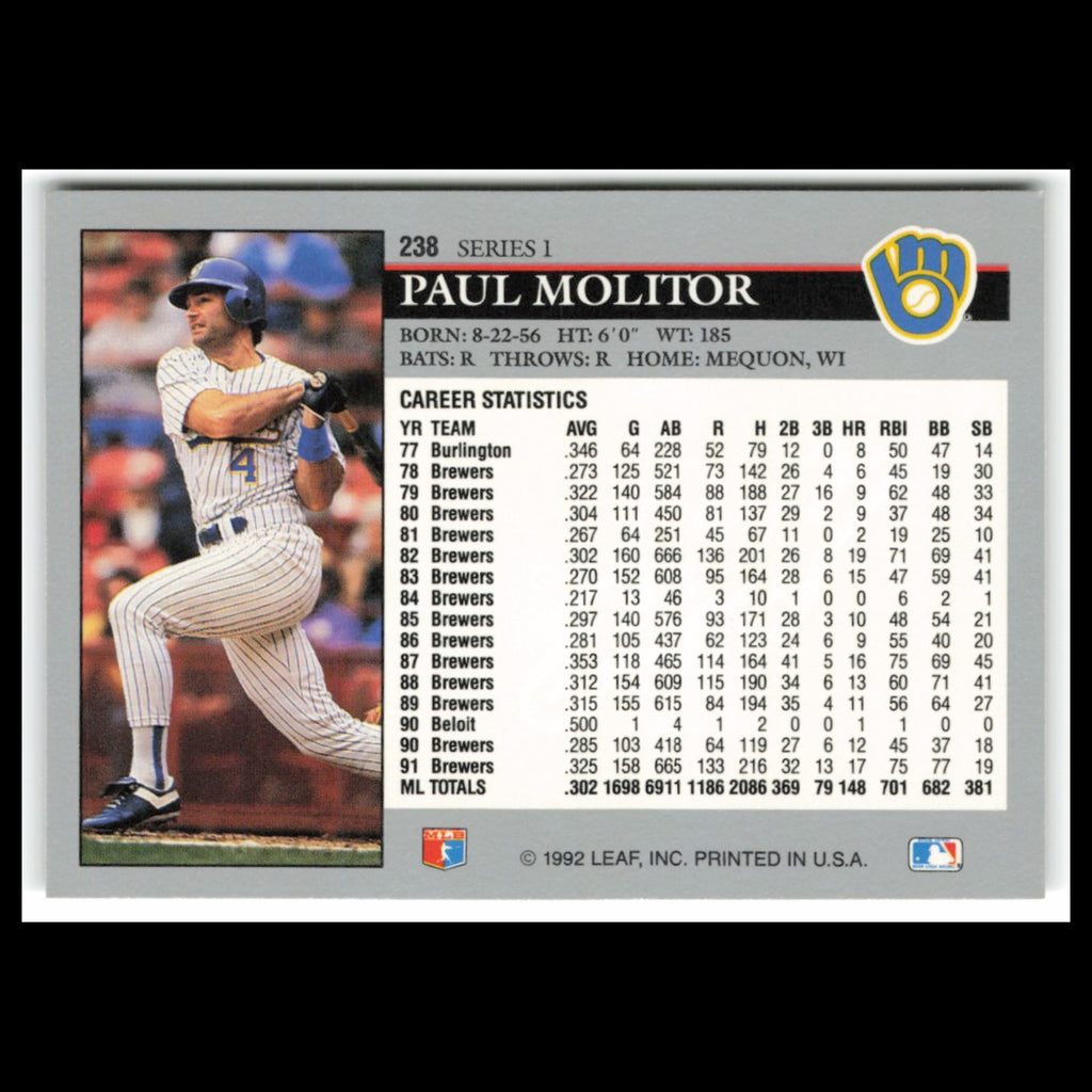 Paul Molitor #238 1992 Leaf Milwaukee Brewers Baseball Card MLB NM