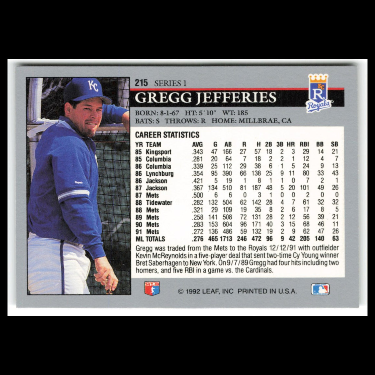 Gregg Jefferies #215 1992 Leaf Kansas City Royals Baseball Card MLB NM
