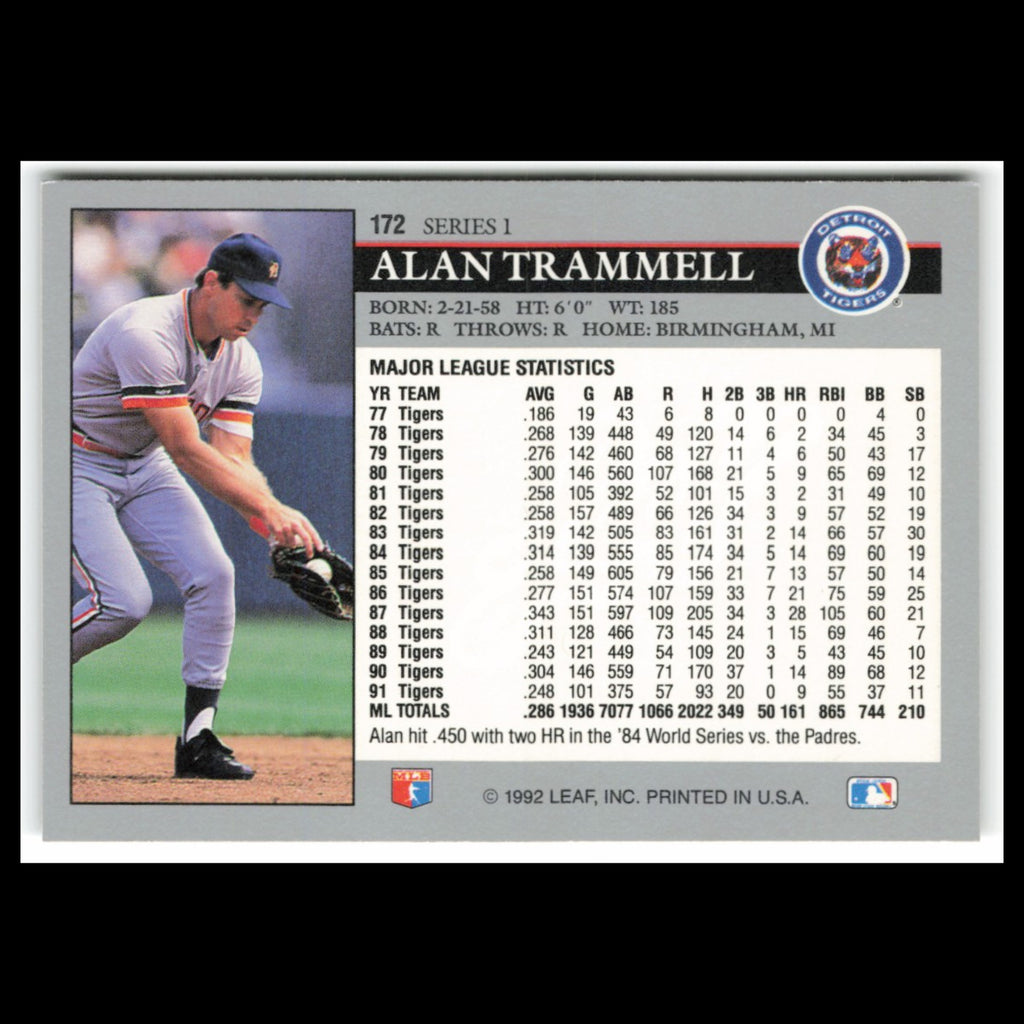 Alan Trammell #172 1992 Leaf Detroit Tigers Baseball Card MLB NM