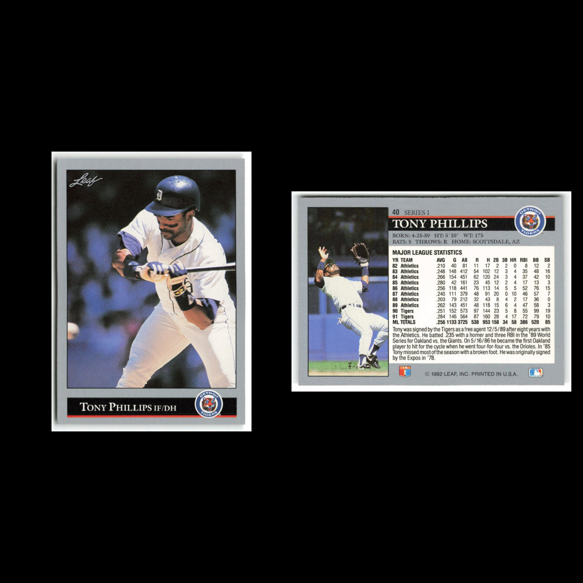 Tony Phillips #40 1992 Leaf Detroit Tigers Baseball Card MLB NM