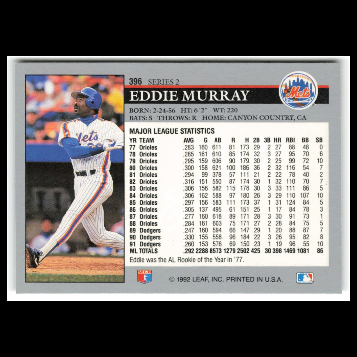 Eddie Murray #396 1992 Leaf New York Mets Baseball Card MLB NM