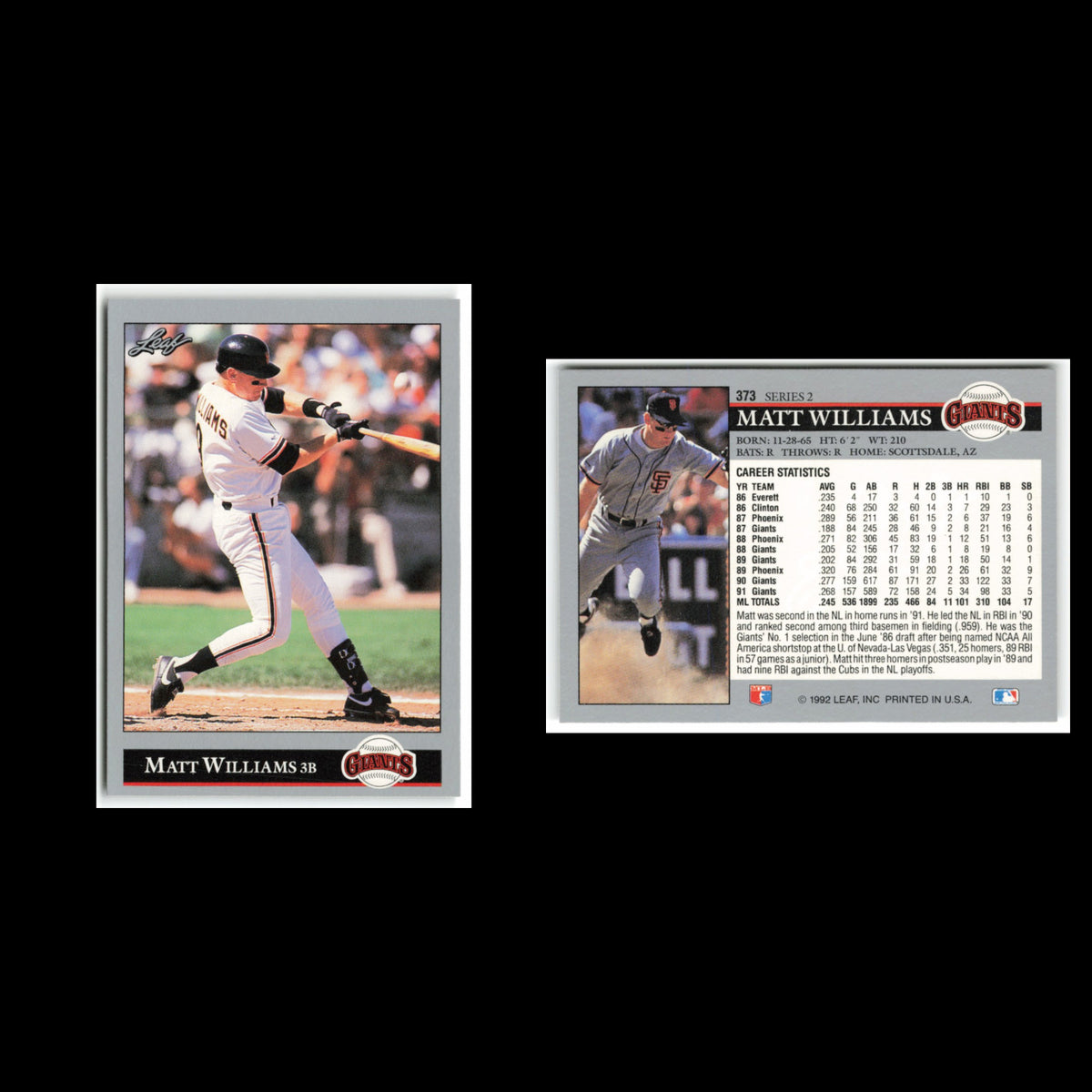 Matt Williams #373 1992 Leaf San Francisco Giants Baseball Card MLB NM