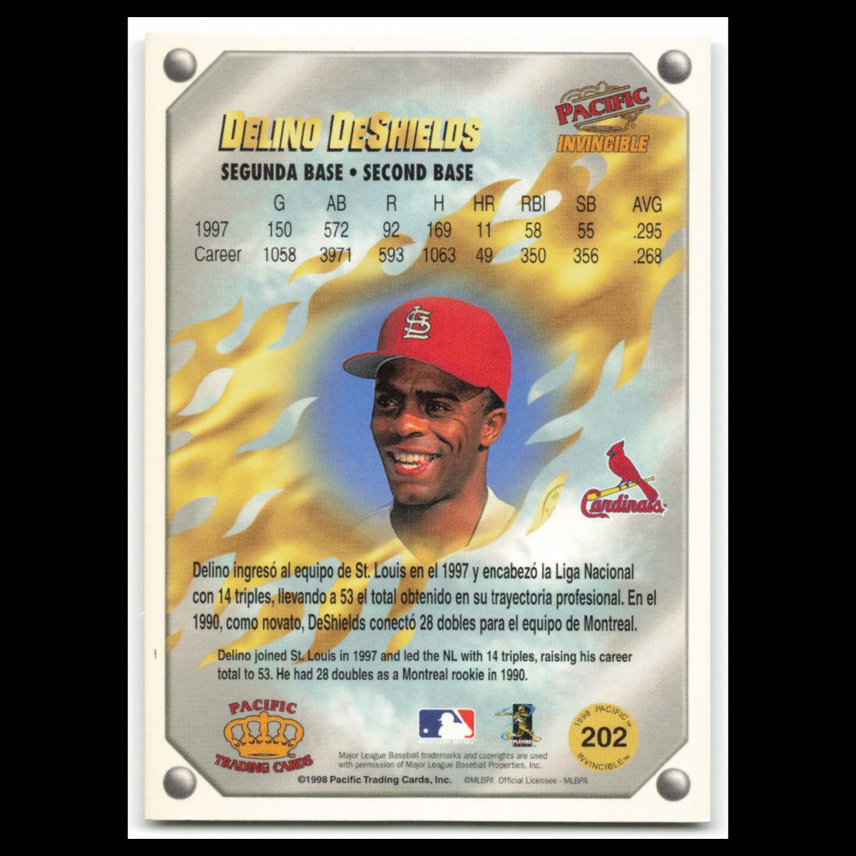 Delino DeShields #202 1998 Pacific Invincible Gems of the Diamond Cardinals Card