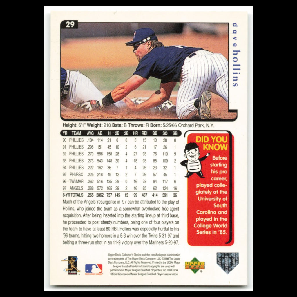 Dave Hollins #29 1998 Collectors Choice Anaheim Angels Baseball Card MLB NM