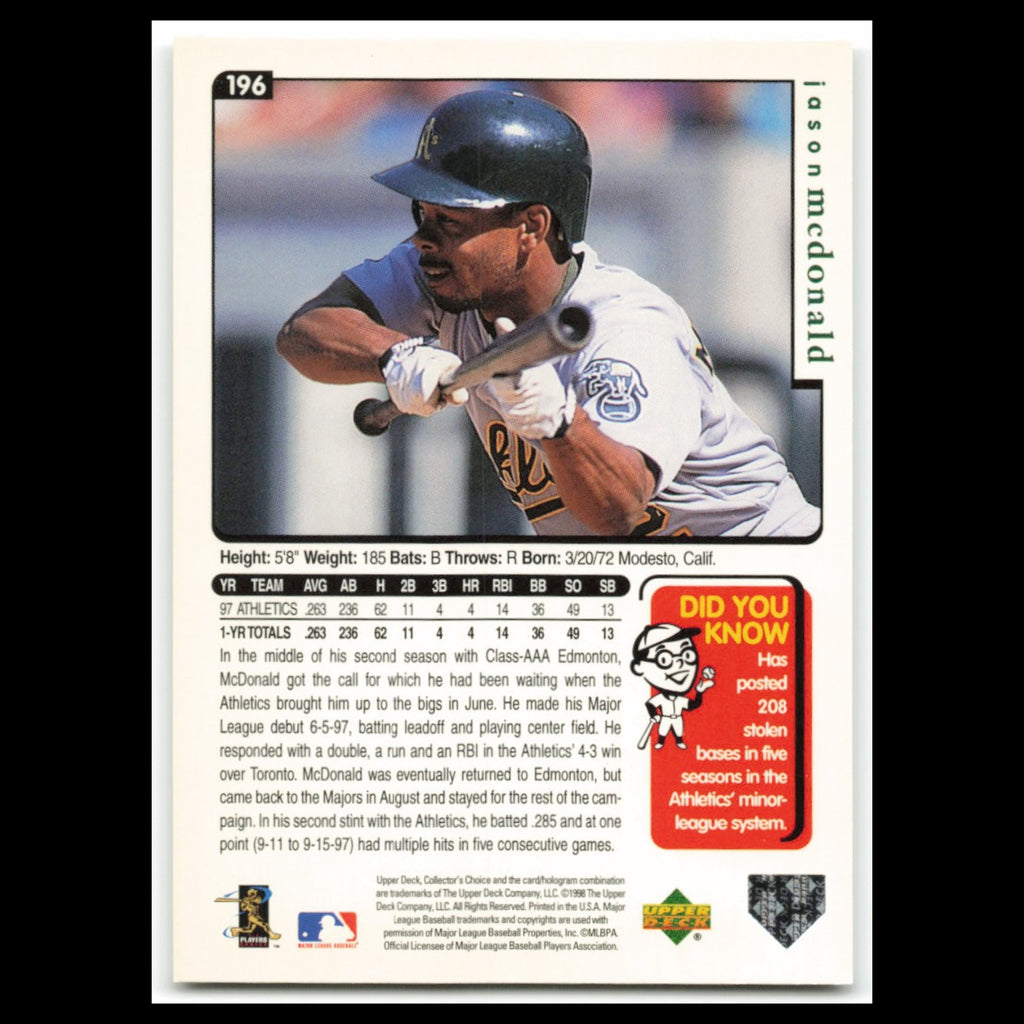 Jason Mcdonald #196 1998 Collectors Choice Oakland Athletics Baseball Card MLB