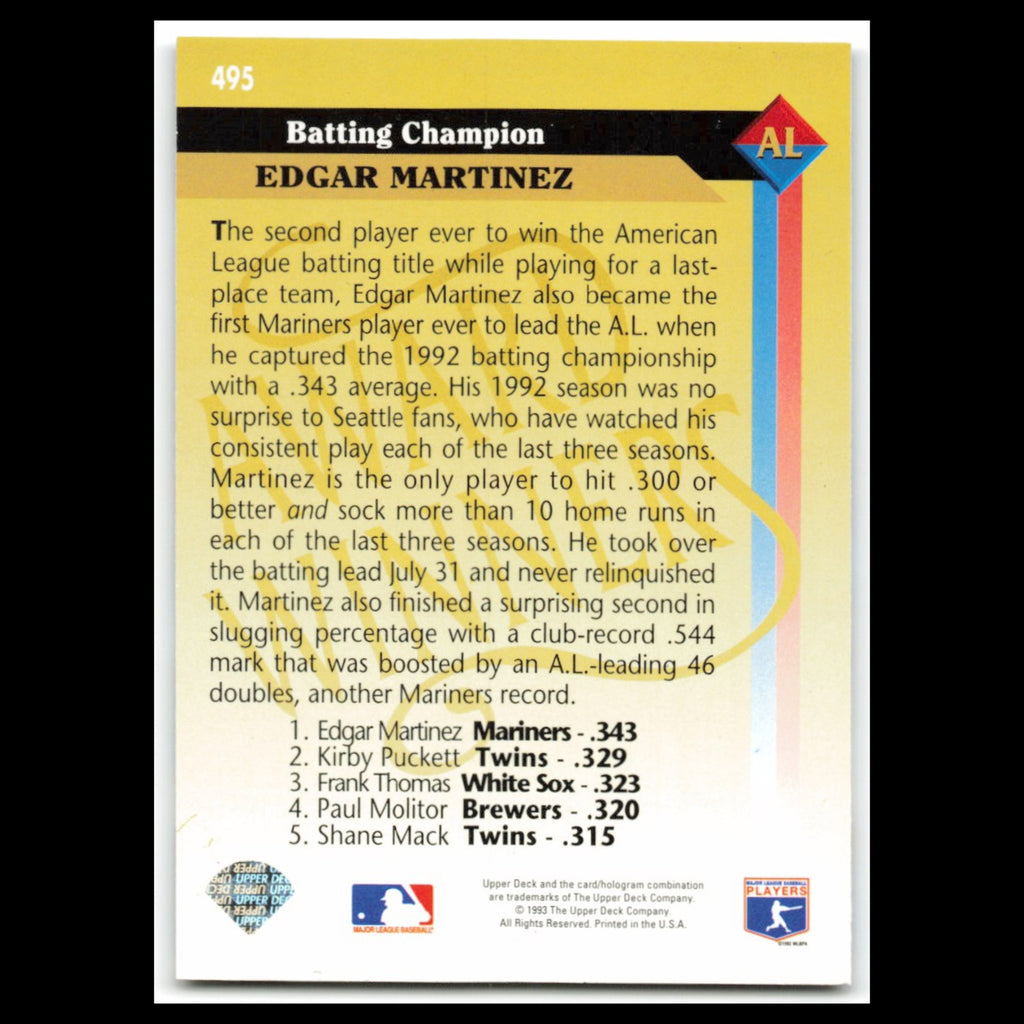 Edgar Martinez #495 1993 Upper Deck Seattle Mariners Baseball Card MLB NM