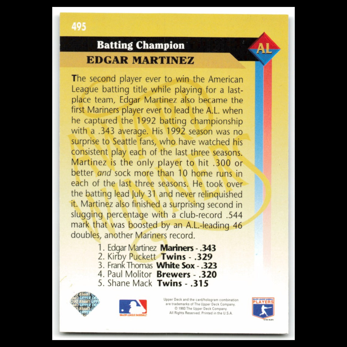 Edgar Martinez #495 1993 Upper Deck Seattle Mariners Baseball Card MLB NM