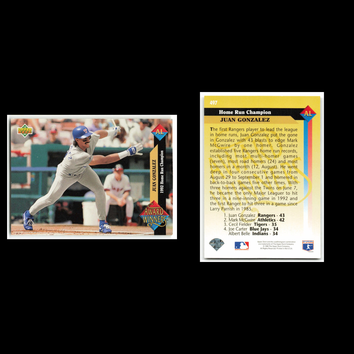 Juan Gonzalez #497 1993 Upper Deck Texas Rangers Baseball Card MLB NM