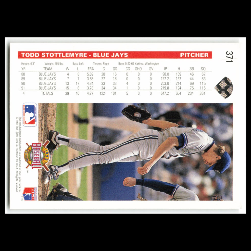 Todd Stottlemyre #371 1992 Upper Deck Toronto Blue Jays Baseball Card MLB NM