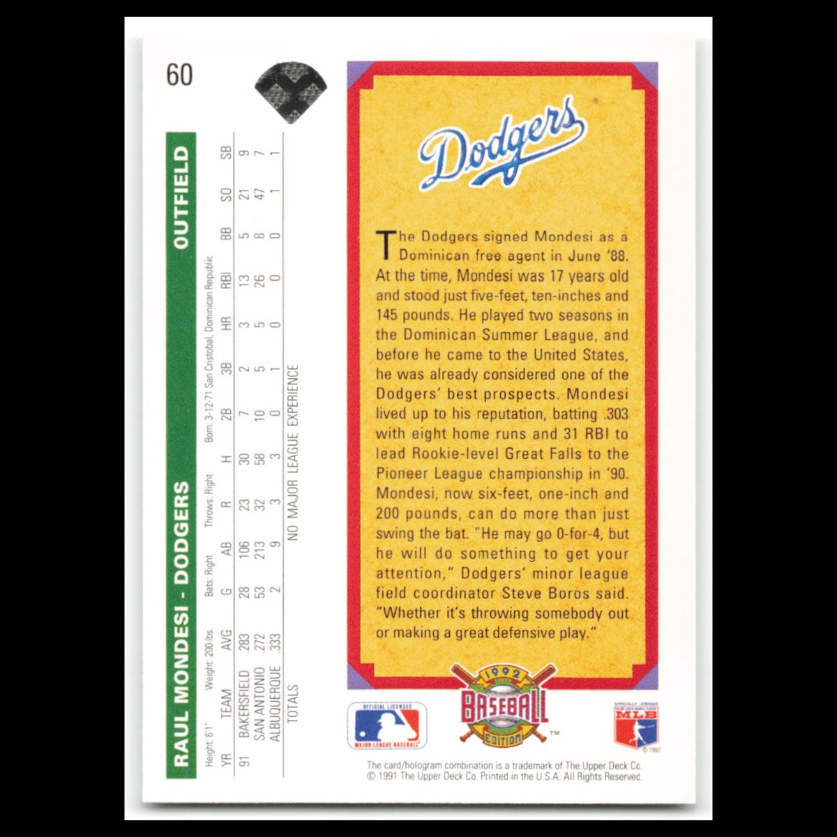 Raul Mondesi Rookie #60 1992 Upper Deck Los Angeles Dodgers Baseball Card MLB NM