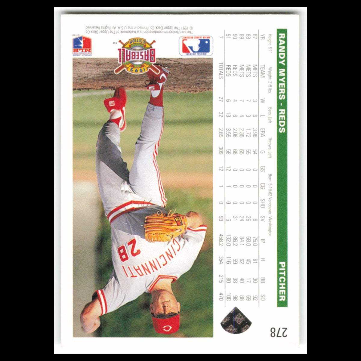 Randy Myers #278 1992 Upper Deck Cincinnati Reds Baseball Card MLB NM