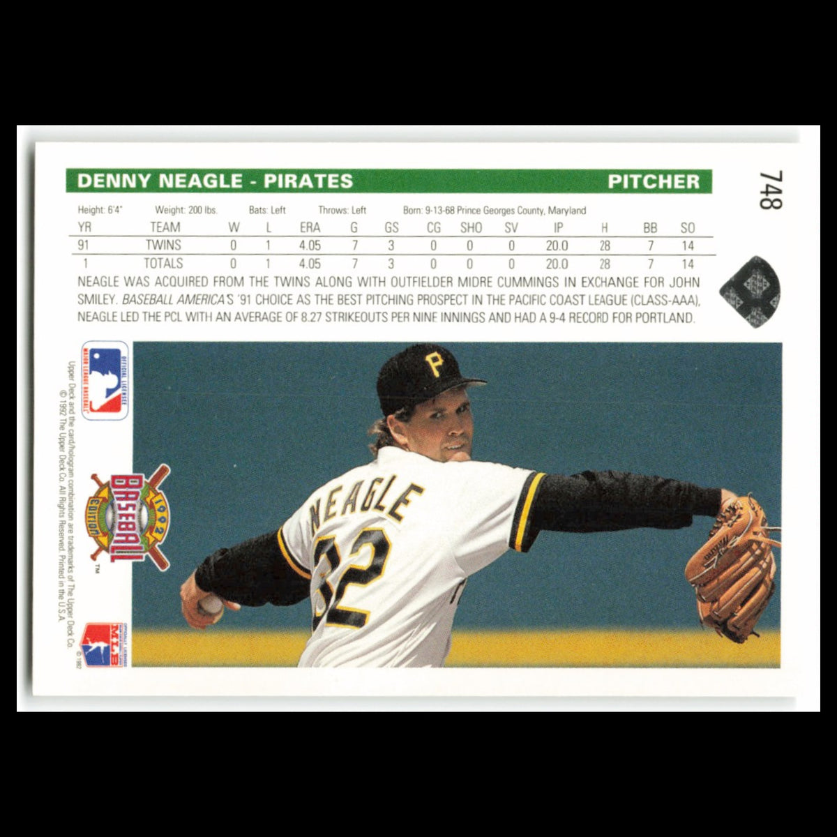 Denny Neagle #748 1992 Upper Deck Pittsburgh Pirates Baseball Card MLB NM