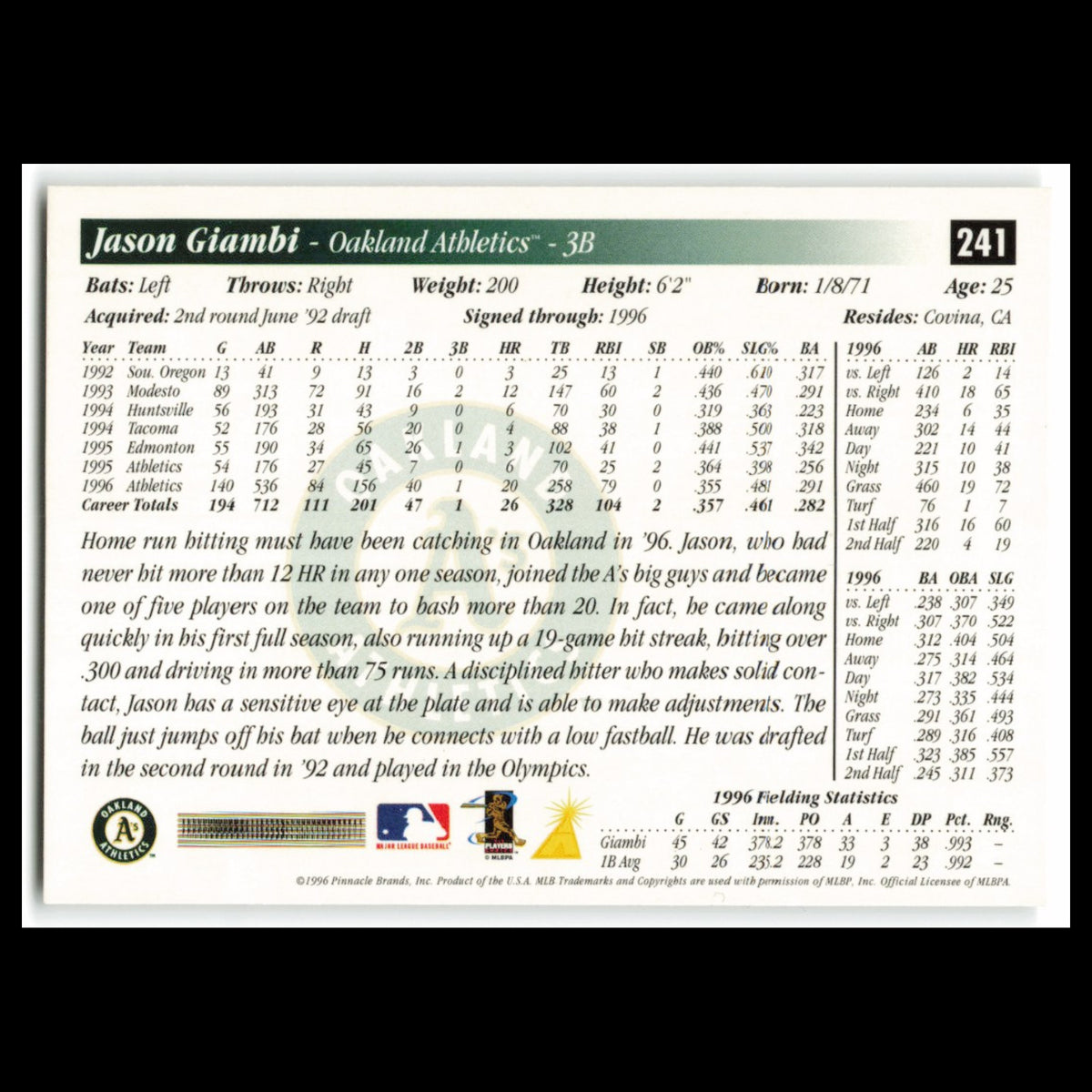 Jason Giambi #241 1997 Score Oakland Athletics Baseball Card MLB NM