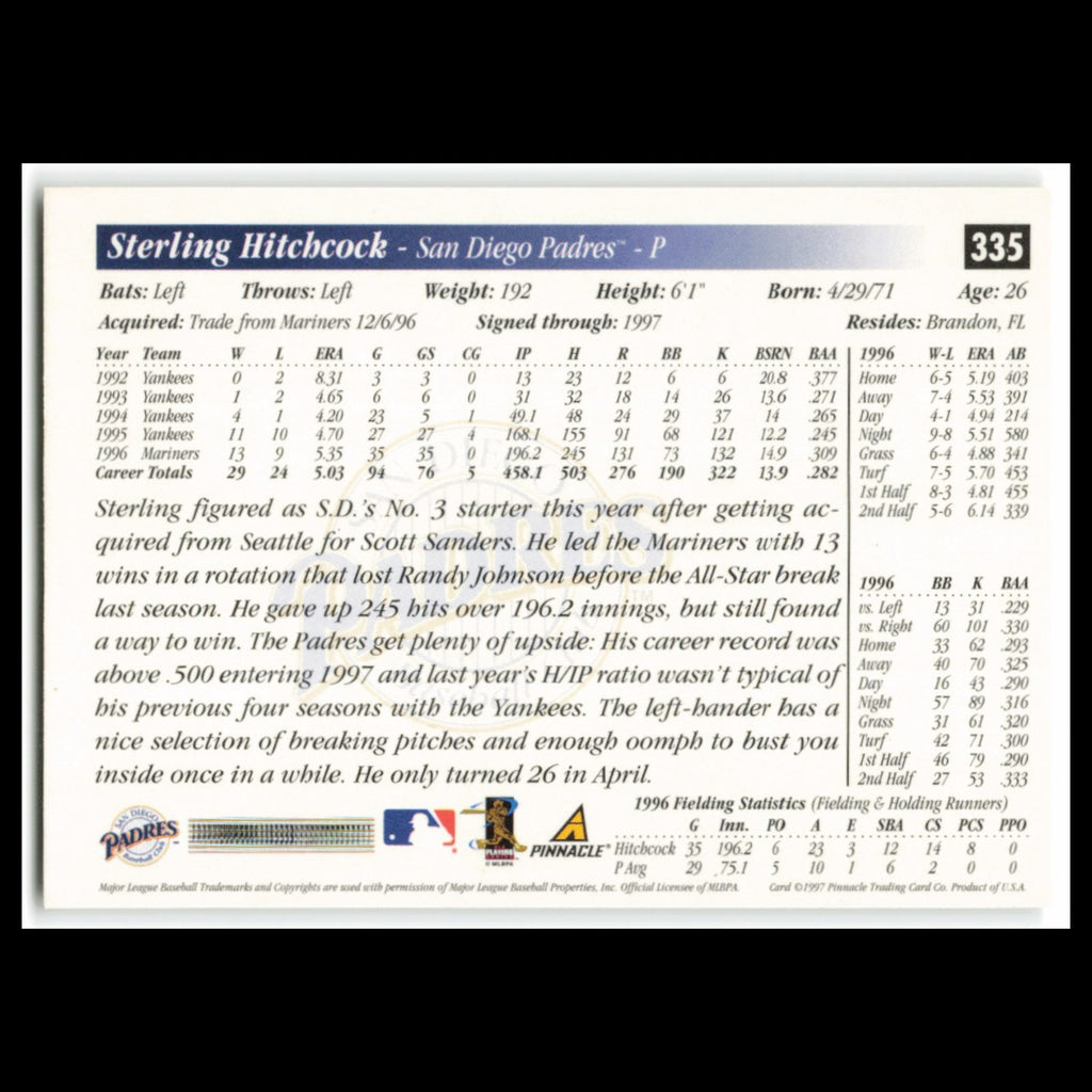 Sterling Hitchcock #335 1997 Score San Diego Padres Baseball Card MLB NM